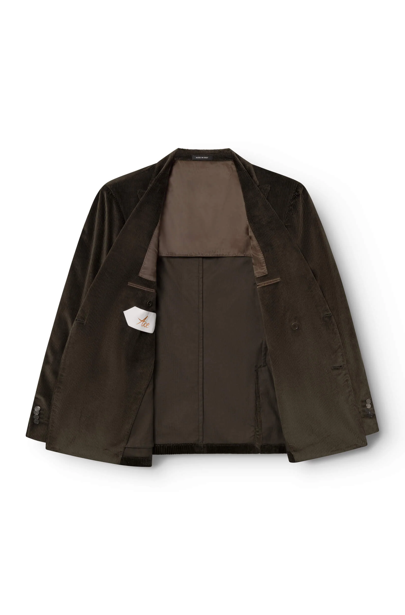 Veste croisée en velours kaki ouverte détail intérieur